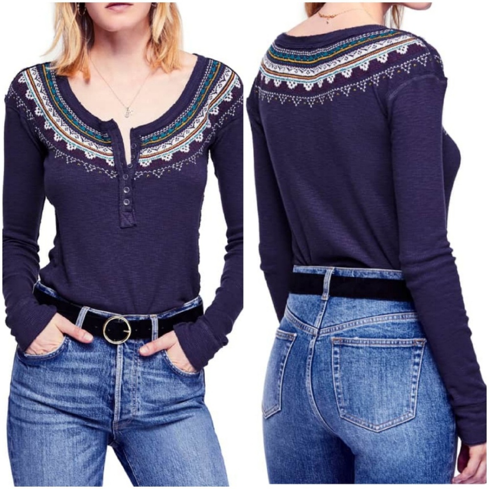 NWT Free People Fair Isle Thermal Henley Top